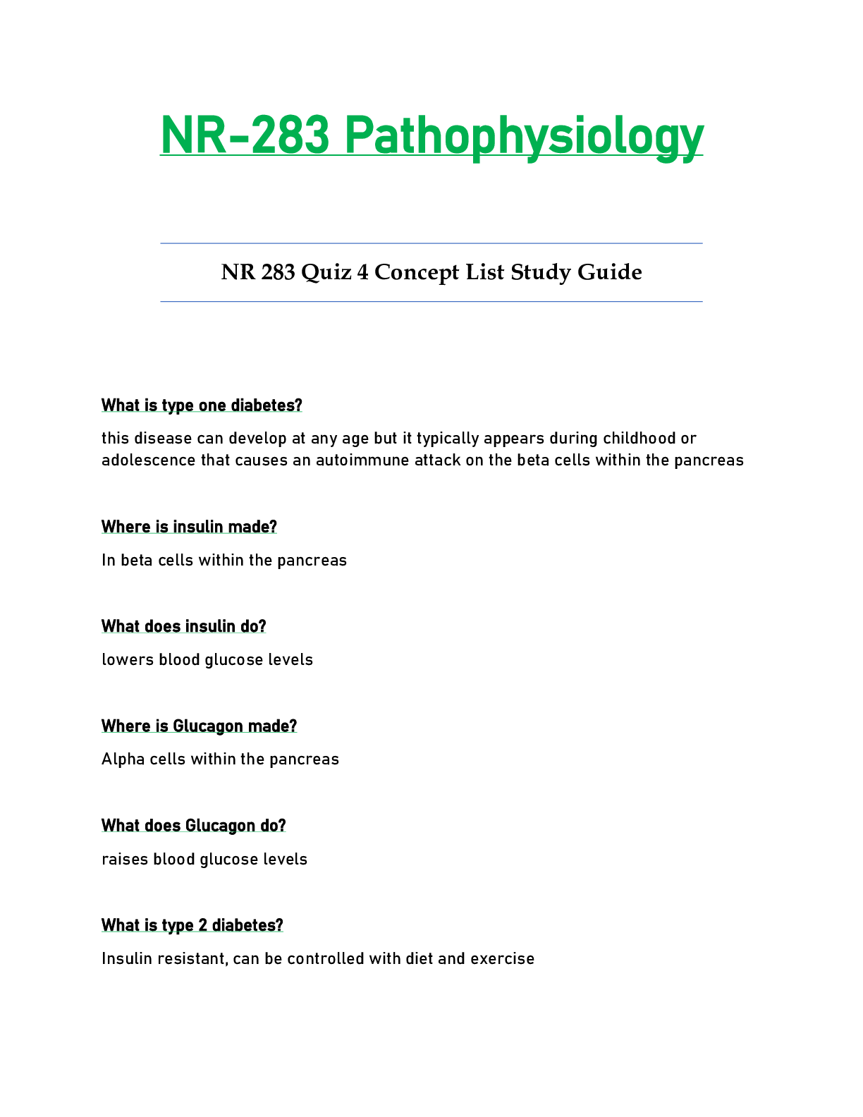 Preview of NR 283 / NR283 Quiz 4 Concept List Study Guide Updated: Pathophysiology - Chamberlain